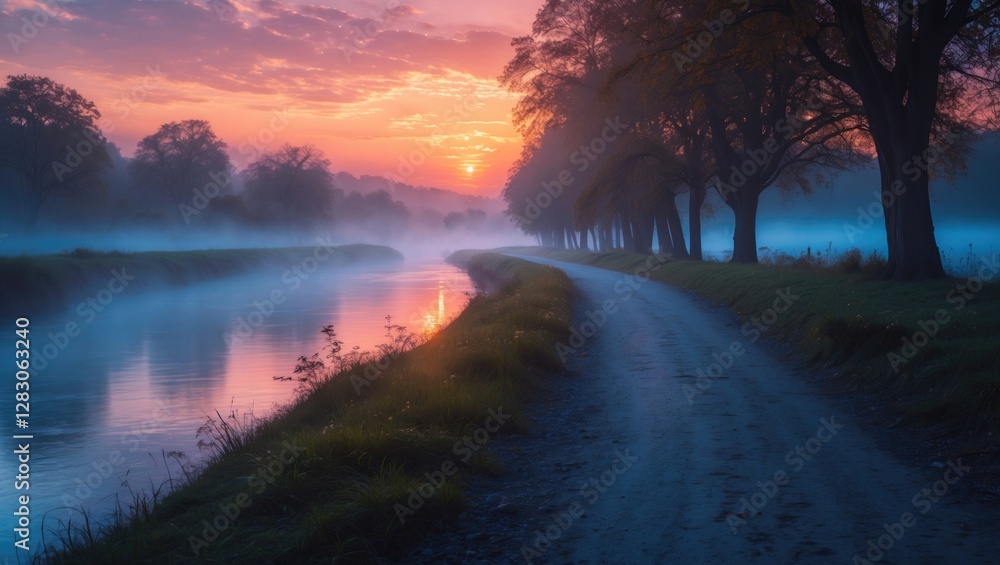 Aufkleber serene sunrise reflected in misty river along scenic pathway surrounded by trees and soft fog with s