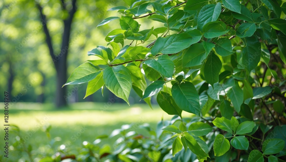 Poster vibrant green leaves in a natural park setting with soft sunlight filtering through trees creating a