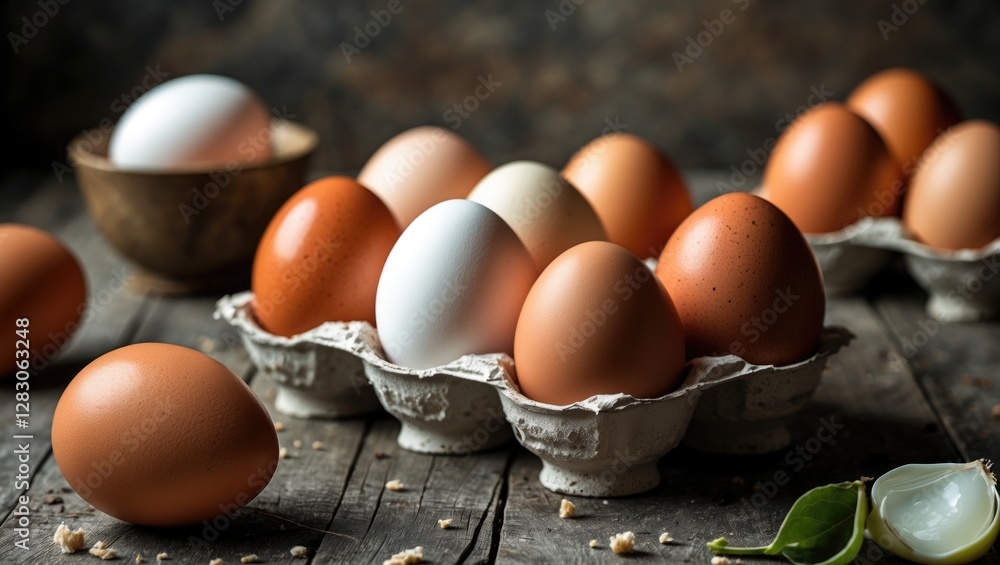 Poster fresh farm eggs displayed in a carton on rustic wooden table with a bowl and broken eggshells creati