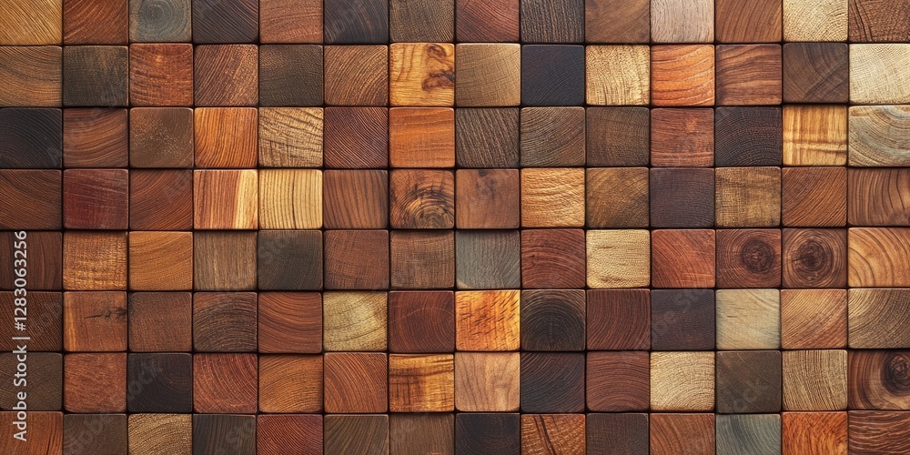 Aufkleber Wooden mosaic pattern with varied shades of brown and tan arranged in a grid layout, showcasing textures of different wood types and grains.