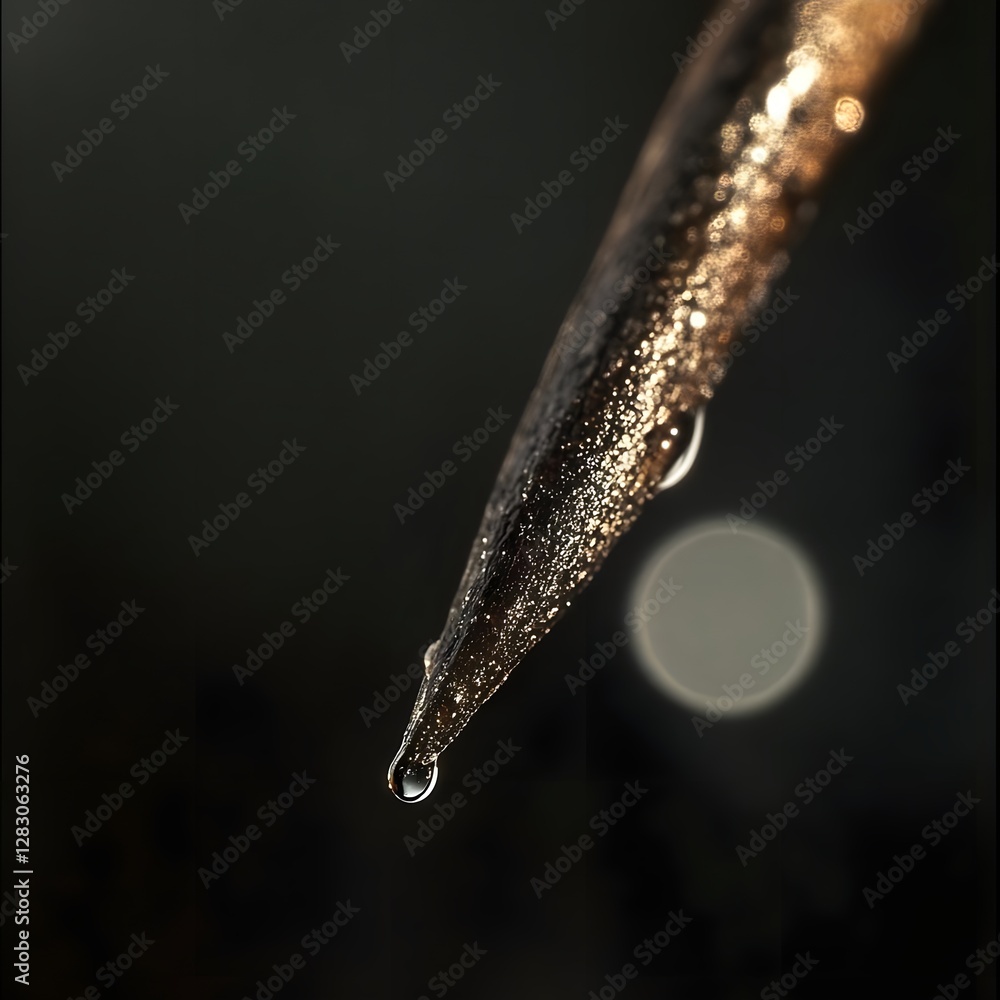 Poster close-up of a metallic object with a droplet at its tip against a blurred background of light