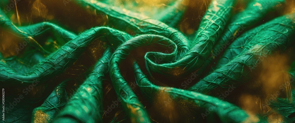 Poster green textured fabric in swirling pattern with detailed wrinkles and soft lighting creating a rich o