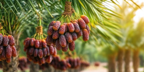 Ripe clusters of dates hanging from palm tree fronds in a lush green setting with soft sunlight illuminating the scene and a blurred pathway in background