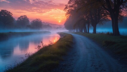 Fototapeta premium Serene Sunrise Reflected in Misty River Along Scenic Pathway Surrounded by Trees and Soft Fog with Space for Text Overlay