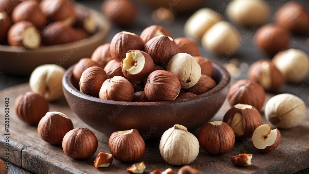 Poster nutritious hazelnuts in a rustic bowl surrounded by scattered nuts on a wooden table, creating a war