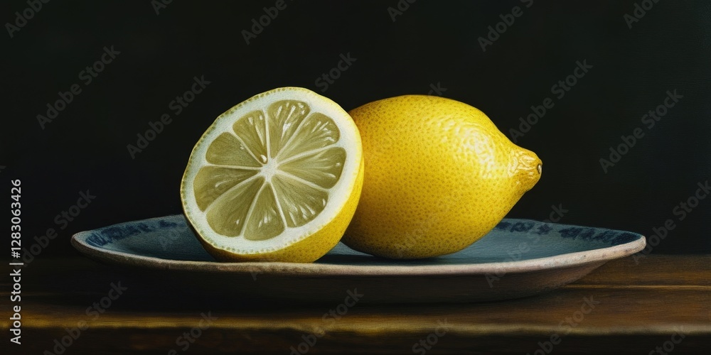 Aufkleber fresh lemons on a rustic plate with a dark background featuring a whole lemon and a halved lemon sho