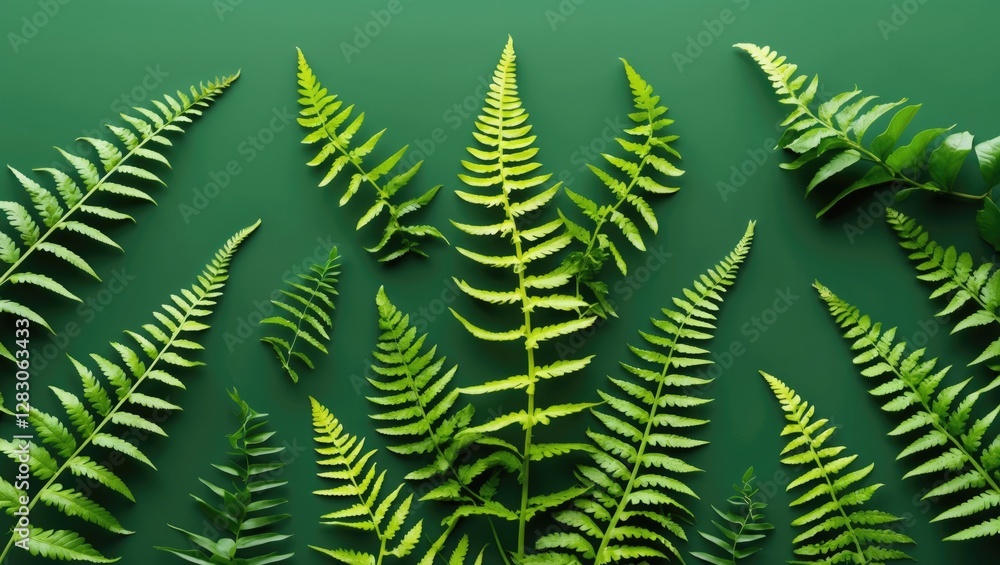 Poster various types of green ferns arranged on a flat surface with a solid green background
