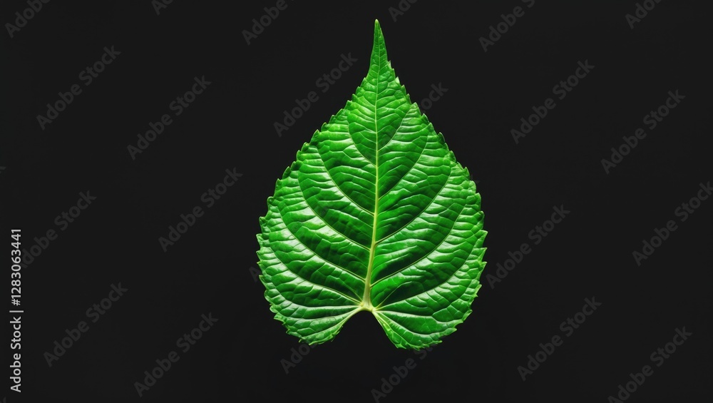 Poster green leaf on dark background displaying intricate texture and vibrant color detail isolated with no