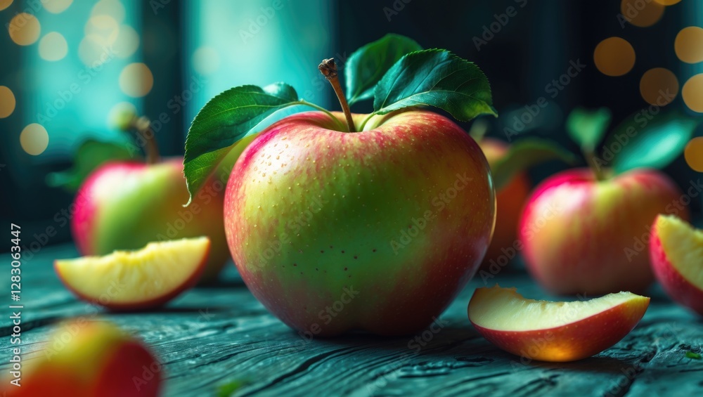Poster red apples with green leaves and apple slices on wooden surface with a bokeh background creating a v
