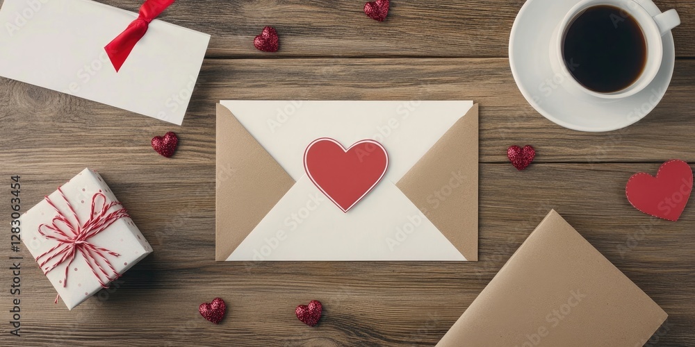 Aufkleber flat lay view of a valentineâ€™s day greeting card with heart design a gift box and coffee cup on ru