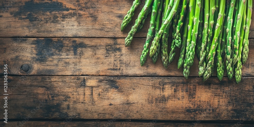 Aufkleber fresh green asparagus stalks arranged diagonally on a rustic wooden table with rich brown and textur