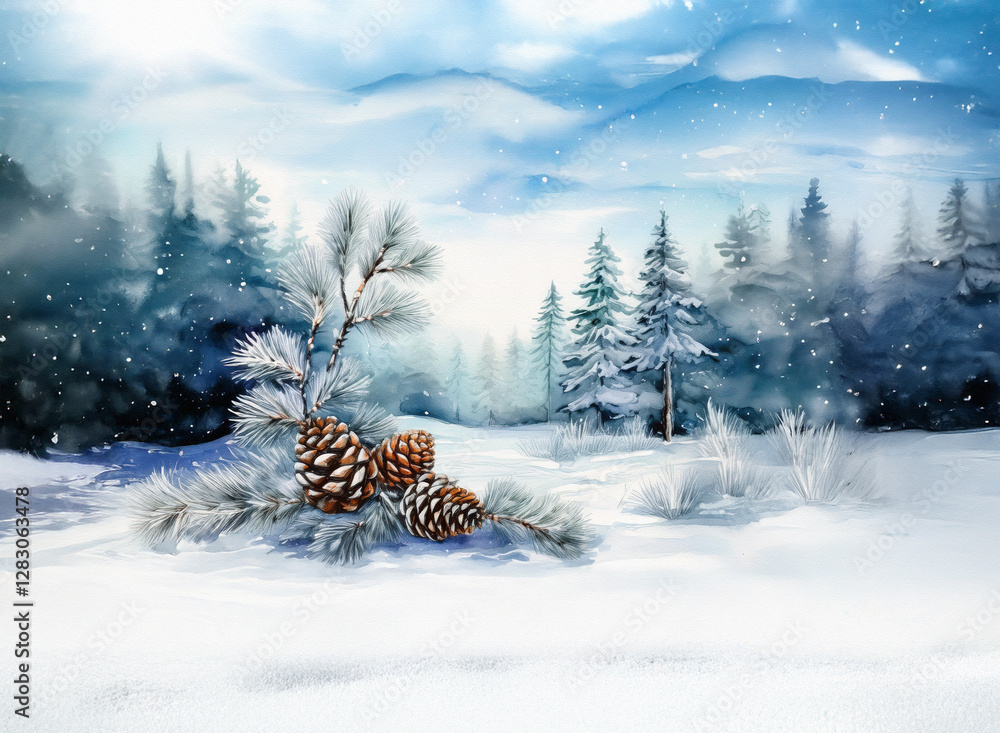 Poster winter scene with snow-covered ground and pinecones in the foreground. trees and mountains are visib