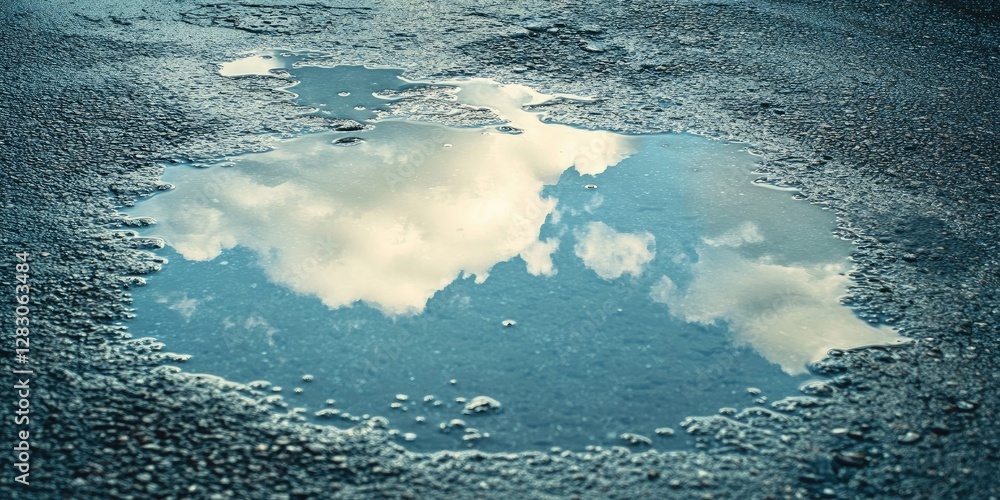 Poster Reflection of fluffy clouds in a circular puddle on wet asphalt under soft natural light with textures and subtle ripples surrounding the water.