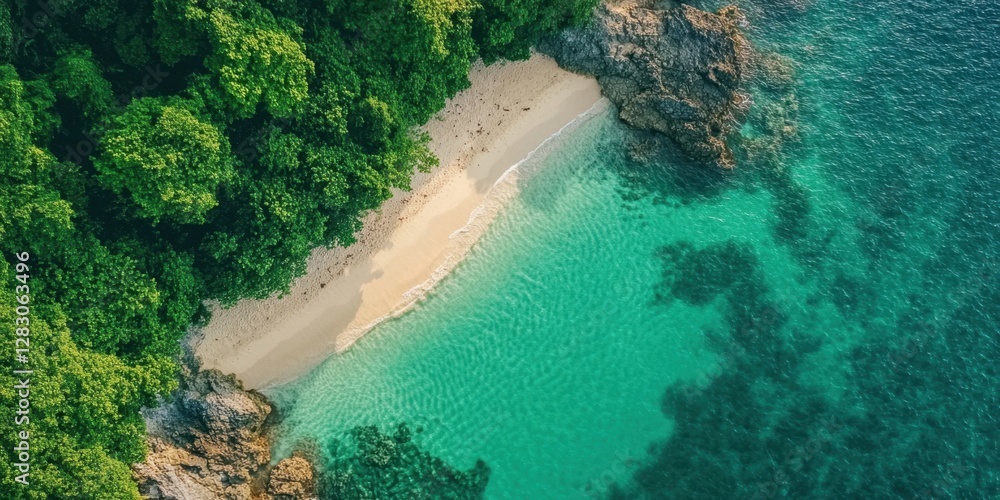 Aufkleber aerial view of a tranquil beach with golden sand bordered by lush green trees and serene turquoise w