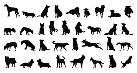 dog and puppy silhouette set. dog and puppy different breed. greyhound, pug, shepherd, French bulldog and others isolated farm animal silhouette icon vector collection