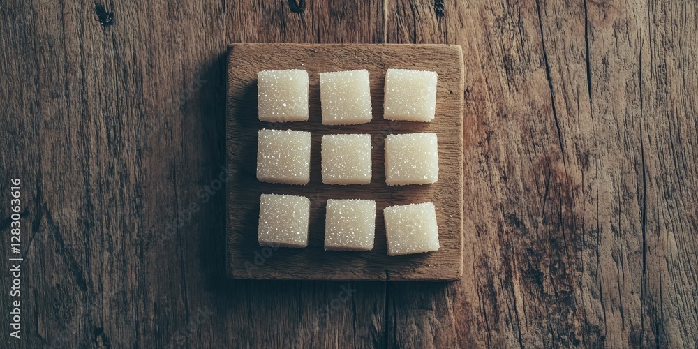 Poster refined sugar cubes arranged in a square on a wooden board against a blurred natural background crea