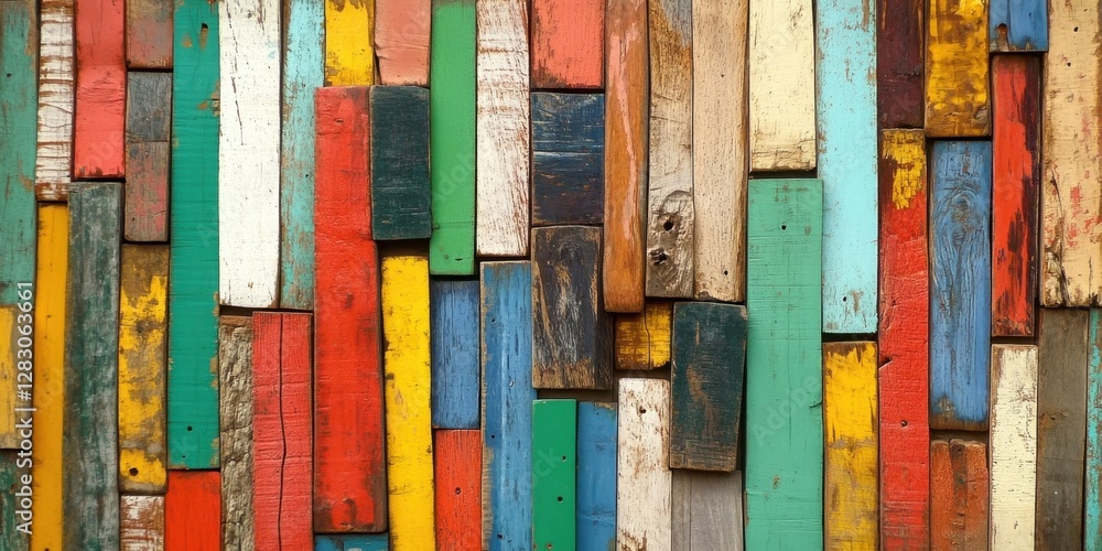 Poster colorful wooden planks arranged in a vertical pattern with vibrant reds, blues, greens, and yellows 