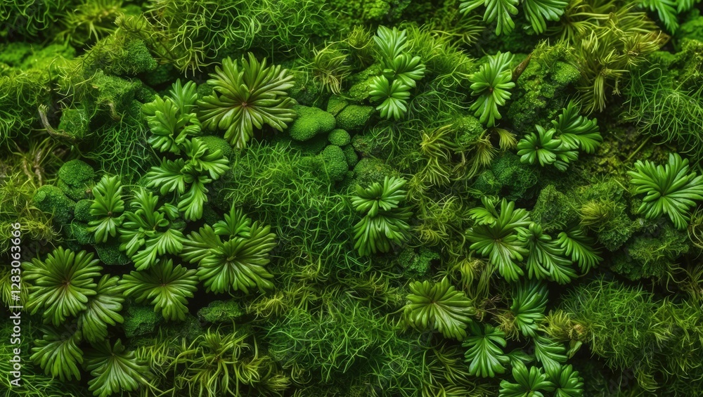 Poster lush green moss background texture with various leaf shapes and patterns in natural light