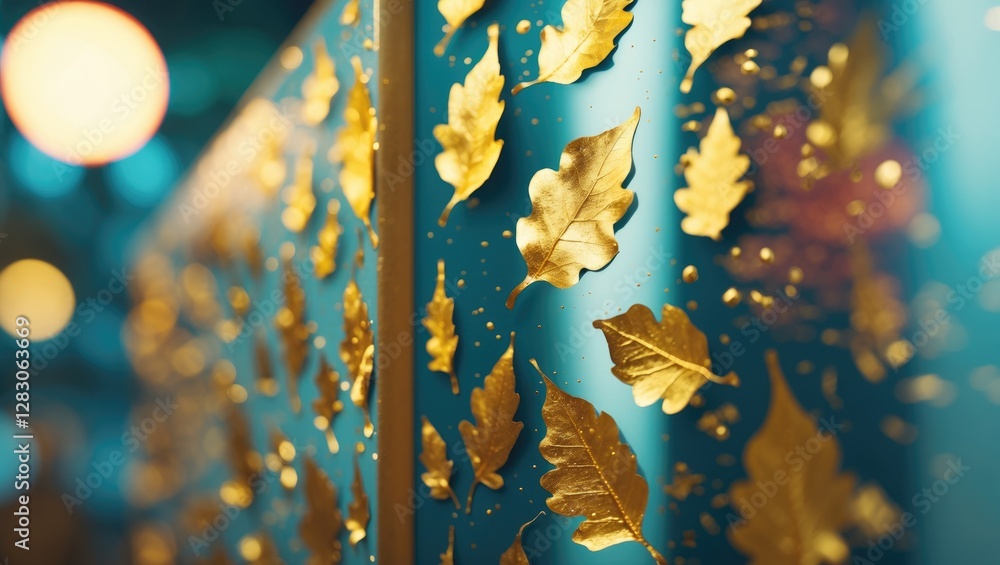 Poster golden leaves design on a textured blue background with soft bokeh lighting in the foreground and ar