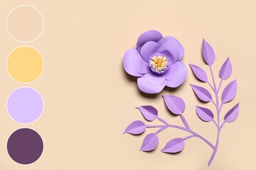 Naklejka premium Paper flower and leaves on beige background. Different color patterns