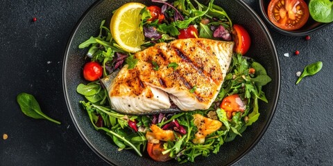 Grilled fish fillet on a vibrant green salad with cherry tomatoes and lemon slice in a black bowl against a dark textured background