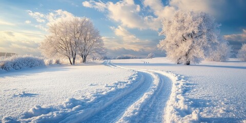 Obraz premium Winter landscape with two frosted trees in bright white snow under a blue sky with fluffy clouds, featuring winding snow tracks leading into the distance.