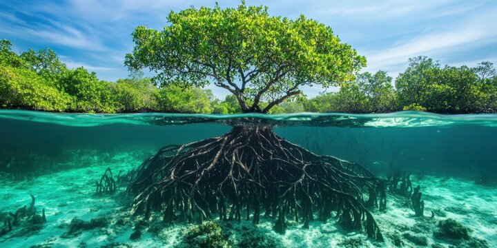 Mangrove tree above water with lush green foliage and extensive dark roots exposed below clear turquoise waters highlighting vital ecosystem functions