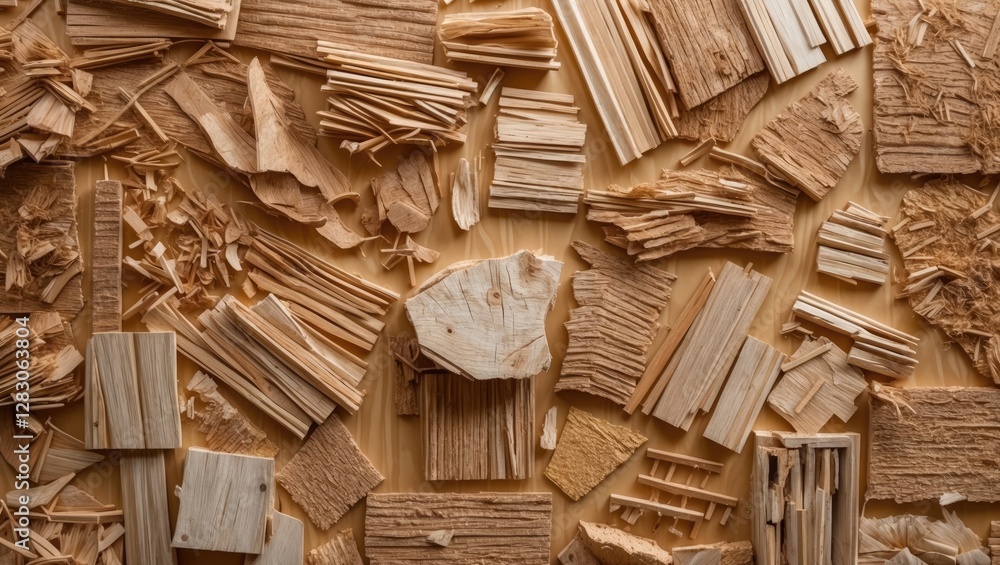 Poster wooden textures and patterns in various shapes and sizes arranged on a light wooden background