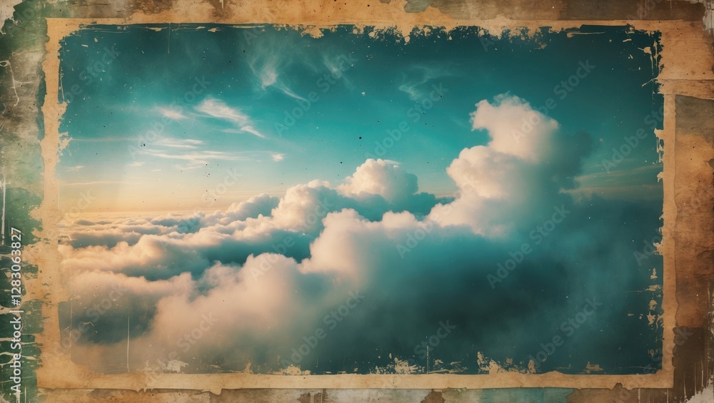 Poster sky view above fluffy clouds with a vintage frame effect showcasing a calm atmosphere and soft sunli