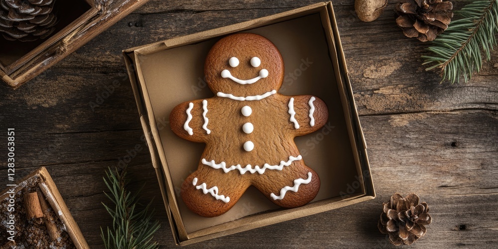 Poster gingerbread man cookie in a box on rustic wooden surface surrounded by pinecones and greenery in war