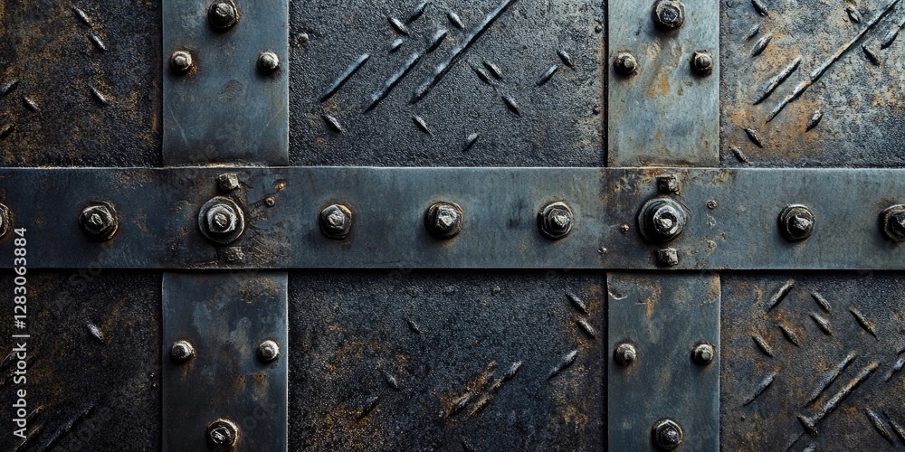 Poster weathered metal surface with dark blue and rusty tones featuring rivets and crossed metal beams arra