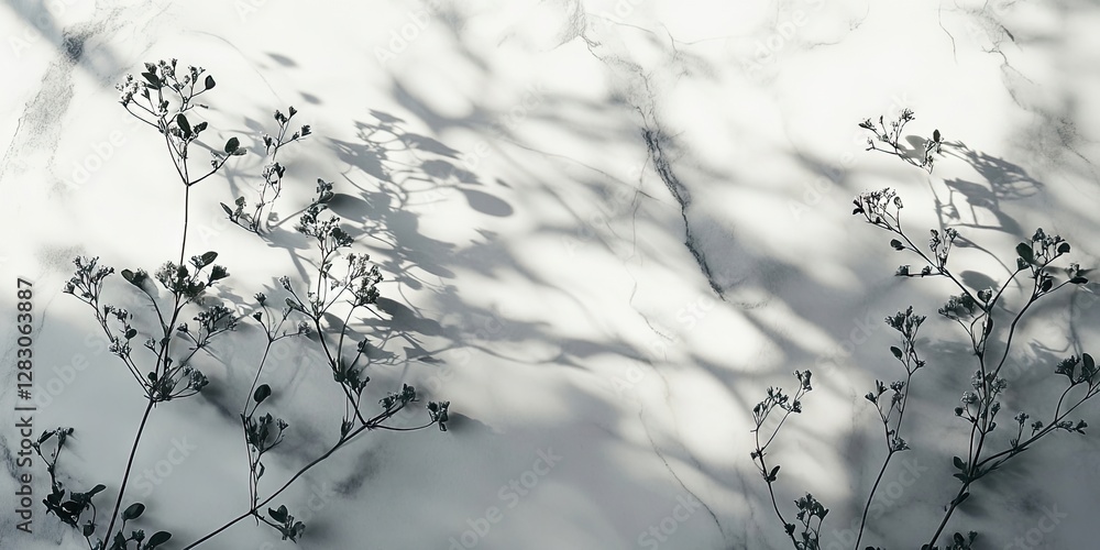 Poster floral silhouettes casting soft shadows on a light marble background with subtle veins illuminated b