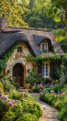 Charming Ivy-Covered Cottage in Blooming Garden: A Serene Escape with Rustic Elegance