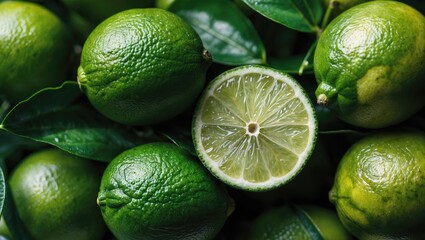 Fresh green limes whole and sliced among leaves showcasing vibrant citrus texture and color ideal for culinary and health concepts