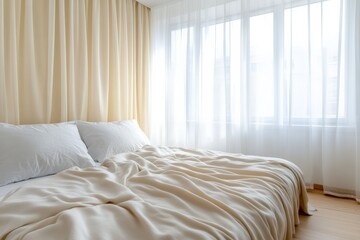 Cozy bedroom interior with soft bedding and natural light streaming through sheer curtains creating a serene atmosphere for relaxation concept