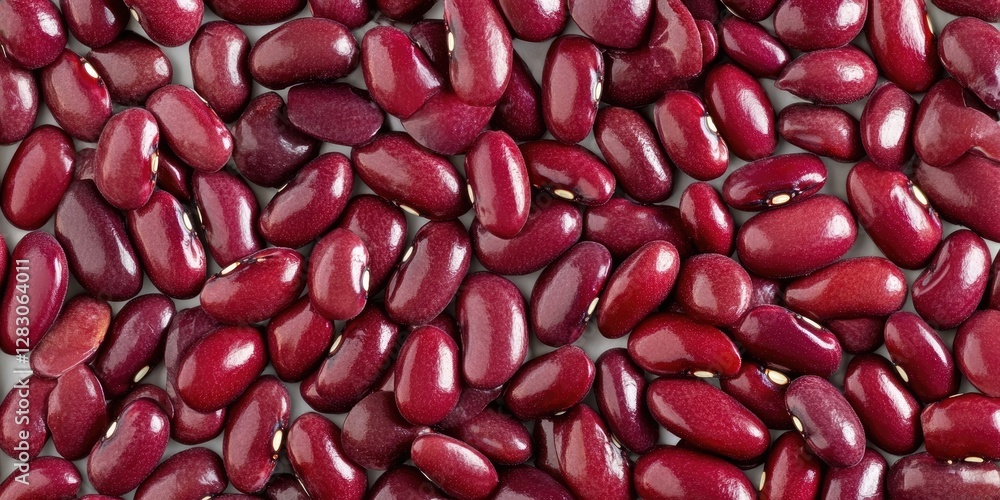 Poster red kidney beans arranged on a light gray background highlighting their glossy red hues and oval sha
