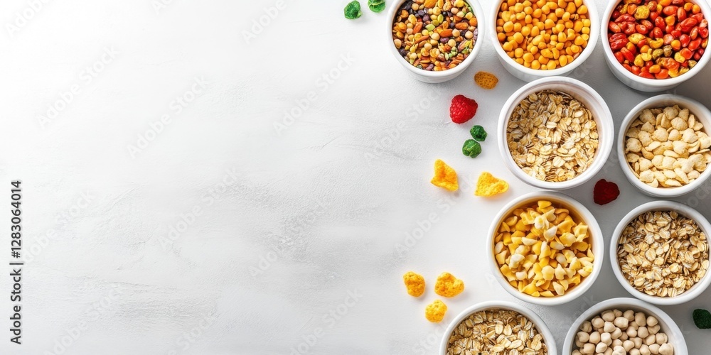 Poster Colorful array of cereal bowls arranged on a white surface with ample blank space on the left for writing including oats nuts and dried fruits arranged artistically