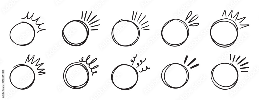 Poster circle brackets doodle line for quotation set. sparkle ray elements. hand drawn round frame for titl