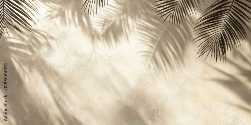 Poster soft beige background with delicate palm leaf shadows creating a serene tropical ambiance, highlight