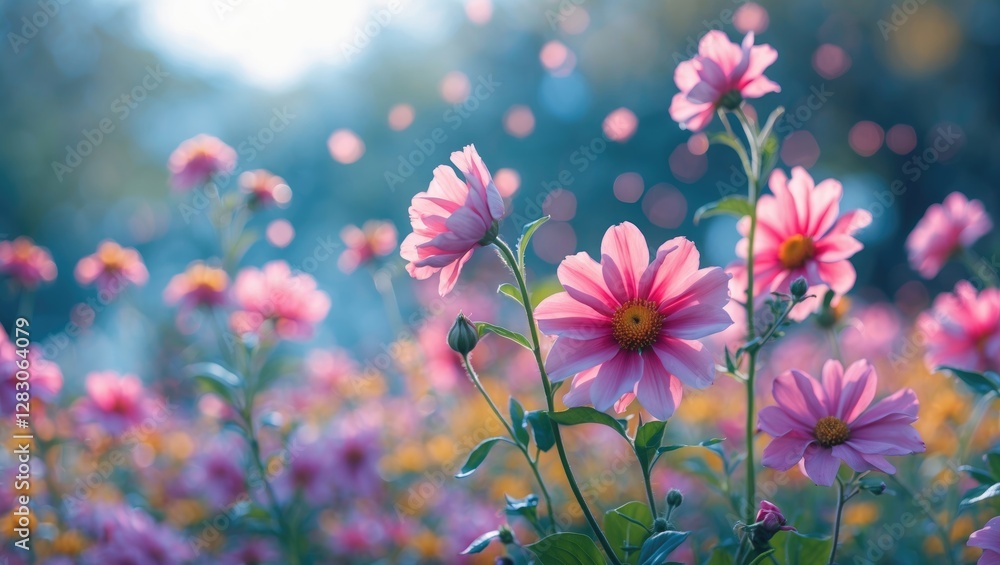 Aufkleber pink flowers in a field with soft focus and bokeh background during daylight in a serene garden sett