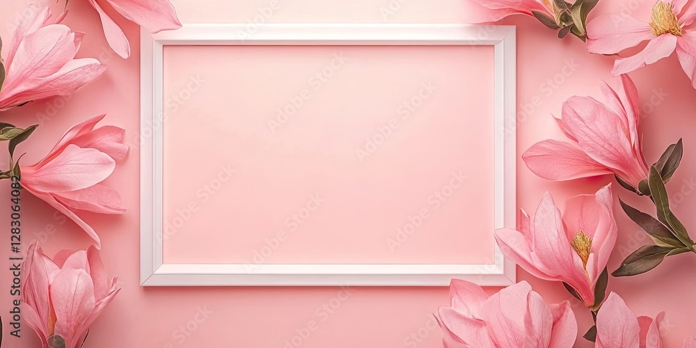 Poster soft pink background adorned with delicate pink flowers framing a white empty photo frame, creating 