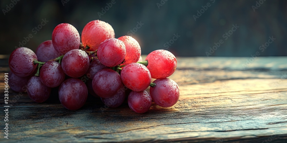 Poster fresh red grapes with dew on wooden table background, focus on clusters with deep hues, dramatic lig