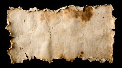 Fototapeta premium Frayed edge of a torn paper sheet isolated on black background with scattered ink stains and faint text fragments, ink, paper
