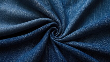 Close-up of twisted blue denim fabric showcasing texture and detailed weave pattern in a circular arrangement