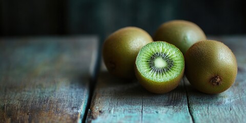 Vibrant kiwi fruits on a rustic wooden table with a sliced kiwi revealing its bright green interior positioned on the left for a striking visual effect