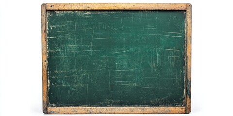Wooden-framed green chalkboard with a textured surface positioned centrally against a bright white background emphasizing educational themes