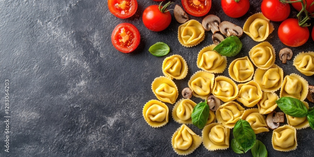 Poster homemade italian tortellini with mushrooms and tomatoes arranged on a dark surface, topped with basi