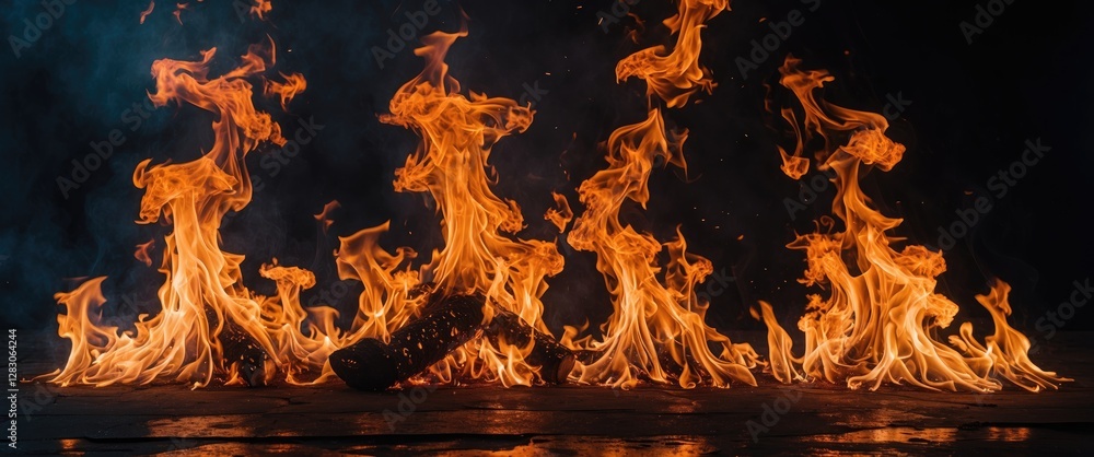 Poster flames dancing in darkness with smoke background burning logs creating dynamic fire shapes and textu