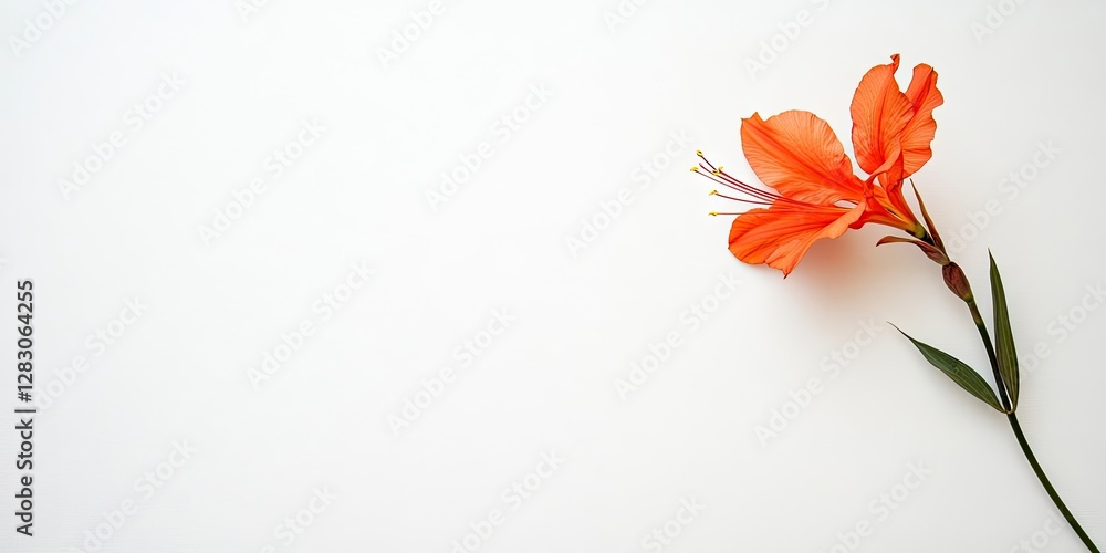 Poster bright orange lily flower positioned on the right side against a soft white background with delicate
