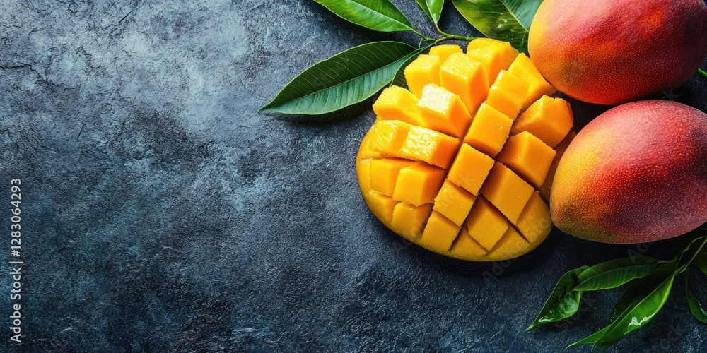 Poster fresh yellow mango chunks elegantly displayed on a dark textured surface, surrounded by vibrant gree